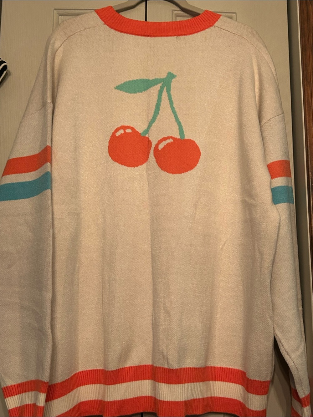 Cream Cardigan with Coral Trim & Cherry Detail NWOT - Picture 4 of 5